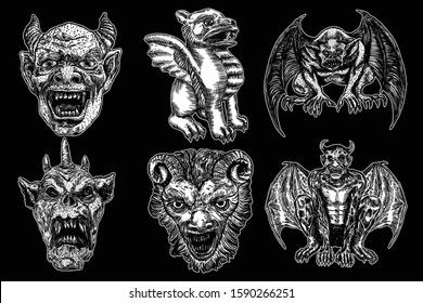 Set of gargoyle in sitting aggressive position to attack.  Human and dragon bat like demon Chimera fantastic beast creature with horns fangs and claws. Hand drawn gothic guardians at medieval. Vector 