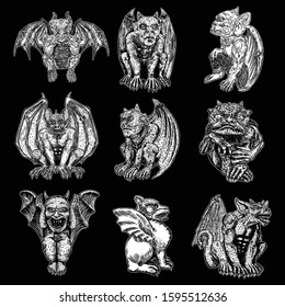 Set of gargoyle in sitting aggressive position to attack.  Human and dragon bat like demon Chimera fantastic beast creature with horns fangs and claws. Hand drawn gothic guardians at medieval. Vector 