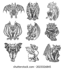 Set of gargoyle in sitting aggressive position to attack.  Human and dragon bat like demon Chimera fantastic beast creature with horns fangs and claws. Hand drawn gothic guardians at medieval. Vector 