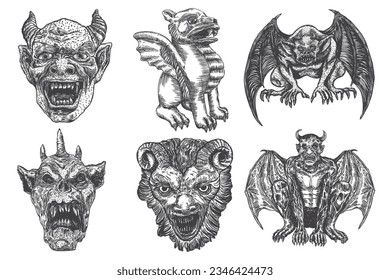 Conjunto de gárgolas en posición agresiva sentada para atacar.  Bate humano y dragón como la bestia fantástica del demonio Chimera con colmillos y garras. Hand atrajo a guardianes góticos en la Edad Media. Vector 