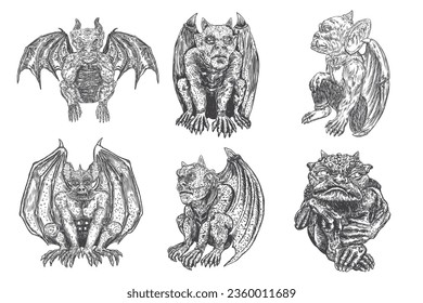 Set of gargoyle in sitting aggressive position to attack.  Human and dragon bat like demon Chimera fantastic beast creature with horns fangs and claws. Hand drawn gothic guardians at medieval. Vector 