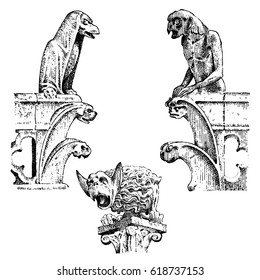 set of Gargoyles Chimera of Notre-Dame de Paris, engraved, hand drawn vector illustration with gothic guardians include architectual elements, vintage statue medieval