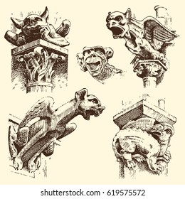 set of Gargoyles Chimera of Notre-Dame de Paris, engraved, hand drawn vector illustration with gothic guardians include architectual elements, vintage statue medieval