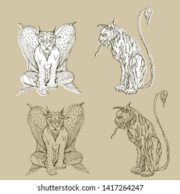 Set with gargoyles. Vector hand drawing illustration. Medieval beasts.