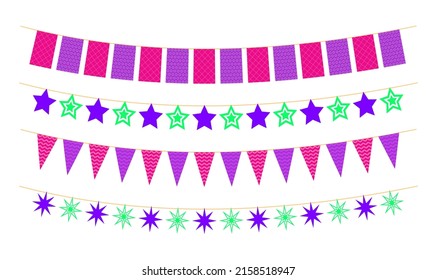 Set of garland and bunting isolated on white background. Colorful decoration, flags for party, birthday. Pennants for fair, carnival. Festive cartoon vector illustration