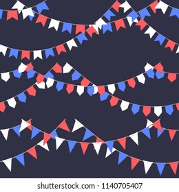 Set of garland with celebration flags chain, white, blue, red pennons on dark background, footer and banner for celebration