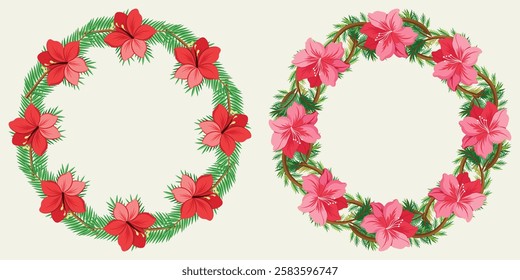 Set Of Garland Frames. Beautiful Azalea Flowers With Spruce Branch, Isolated On White Background. Azalea Vector.
