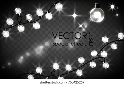 Set of garland, lights, lantern, lamp and sparkles. Vector illustration