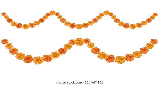 Set  Garland of marigold flowers. Vector illustration. Floral decorative garland.