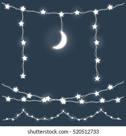 Set of garland with stars and moon. Christmas lights. Bright holiday lights. Vector holiday elements illustration template for web design or greeting card