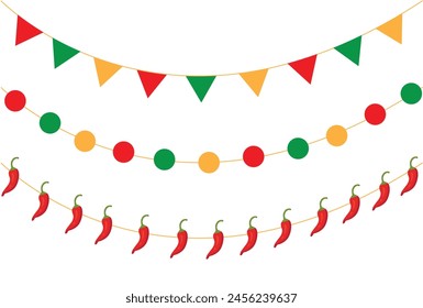 Set of garlands. Chili pepper garland. Cinco de Mayo holiday vector flat illustration.