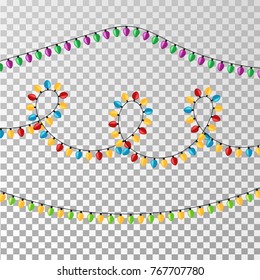 Set of Garlands christmas decorations lights effects. Festive glowing Isolated on transparent background.