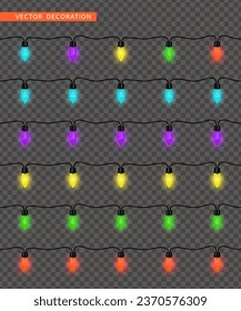 Set of Garlands of Christmas Lights. Colorful Xmas Garland. Multicoloured oval incandescent light bulbs on string on transparent background. Suitable for darker backgrounds. 3D vector illustration