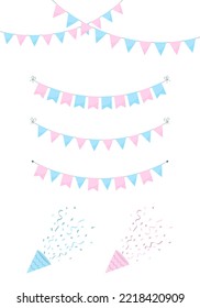 Set of garlands and firecrackers for gender reveal or baby shower invitation, banner.