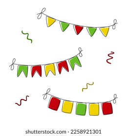 A set of garlands of flags. Vector illustration of decorations for a holiday in the style of line art. Isolated illustration of attributes for celebration on a white background.
