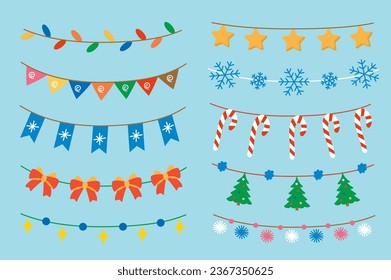 Conjunto de guirnaldas en diseño de dibujos planos. Las pegatinas, diseñadas con un tema navideño y ambientadas en un fondo azul con brillantes guirnaldas, seguramente traerán alegría para las vacaciones. Ilustración vectorial.