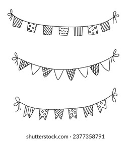 Set of garlands hand drawn doodle vector illustration black outline. Great for coloring and greeting cards.	