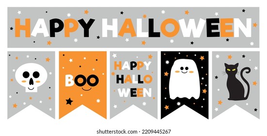 a set of garlands and happy halloween elements and toppers with skulls, boo pumpkins, ghosts, cat