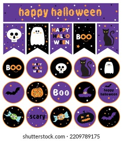a set of garlands and happy halloween elements and toppers with skulls, boo pumpkins, ghosts, cat