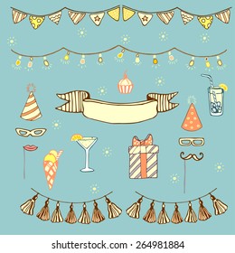 Set of garlands, lights, flags, ribbon, banner, masks, hats, gifts. Drinks, cocktails, cakes, ice cream bar. Birthday. Masquerade. Party. Vector.