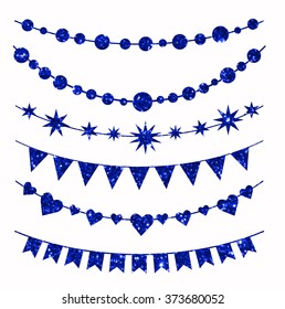 Set of garlands made of blue glitter texture.