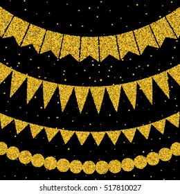 Set of garlands made of flag gold glitter texture. Can be used as Birthday banner, Wedding background, glamour party flyer etc.