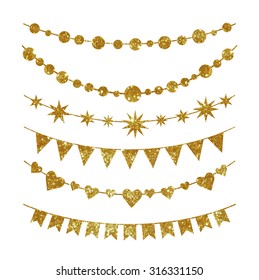 Set of garlands made of gold glitter texture. Each element grouped separately for convenient use.