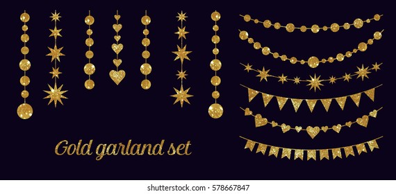 Set of garlands made of gold glitter texture on a black background. Each element grouped separately for convenient use.