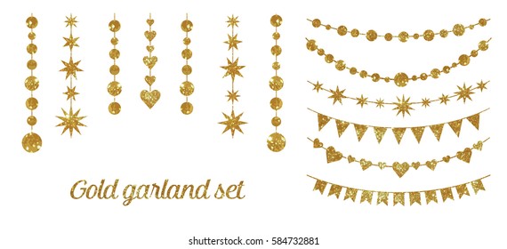 Set of garlands made of gold glitter texture. Each element grouped separately for convenient use.