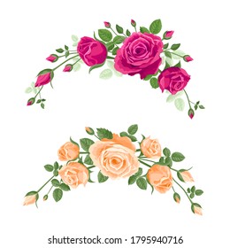 Set von Garnelen von Rosen. Vektorblumendekoration zum Jubiläum, Karten, Grüße. Valentinstag, Muttertag. Lachs, Aprikosenorange, scharfe rosa Rosen mit Blättern in Bouquet, Rahmen, Ecke