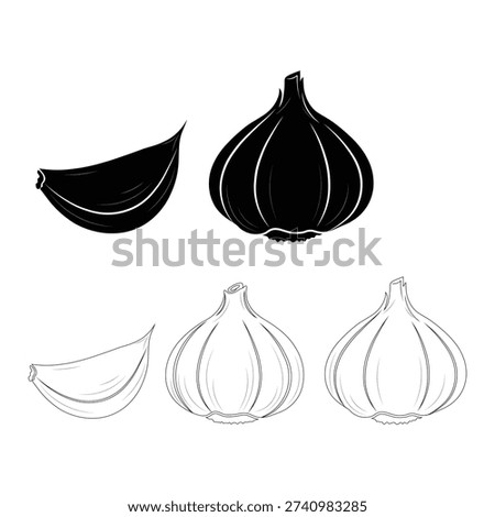 Set of garlic bulbs and cloves in silhouette and outline styles