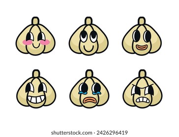 Set of garlic cartoon with many expressions. Retro design vector illustration of garlic on white background. Mascot faces