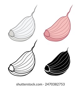 A set of garlic cloves. A delicious and healthy seasoning. Silhouette, contour, white garlic, red garlic. A clove of garlic. Vector illustration isolated on a white background for design and web.