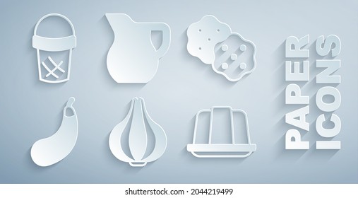 Set Garlic, Cracker biscuit, Eggplant, Jelly cake, Jug glass with milk and Ice cream in waffle icon. Vector