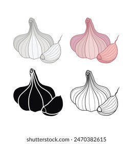 Set garlic. A delicious and healthy seasoning. Silhouette, contour, white garlic, red garlic. Vector illustration isolated on a white background for design and web.