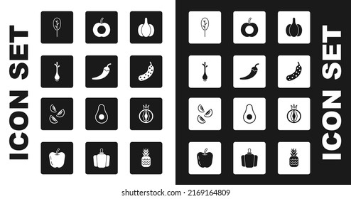 Set Garlic, Hot chili pepper pod, Fresh green onions, Spinach, cucumber, Peach fruit, Tomato and  icon. Vector