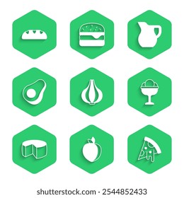 Set Garlic, Plum fruit, Slice of pizza, Ice cream in the bowl, Cheese, Avocado, Jug glass with milk and Bread loaf icon. Vector