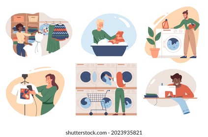 Set of garment care scenes with male and female characters cleaning, washing, laundrying, drying, repairing and steaming clothes on white background. Clothing care. Flat cartoon vector illustration