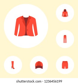 Set of garment icons flat style symbols with baseball cap, hoodie, jacket and other icons for your web mobile app logo design.