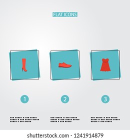 Set of garment icons flat style symbols with sundress, heeled shoe, sneakers and other icons for your web mobile app logo design.