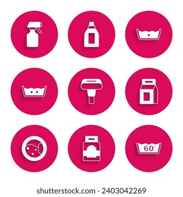 Set Garment steamer, Laundry detergent, Temperature wash, Washer,  and Water spray bottle icon. Vector