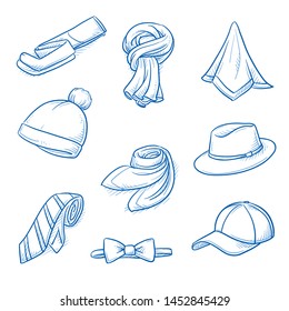 Set of garments and fashion accessories as: hats, caps, scarfs, ties and tights.  Hand drawn blue line art cartoon vector illustration. 