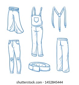 Set of garments and fashion as: different trousers, jeans, belt and braces. Hand drawn blue line art cartoon vector illustration. 