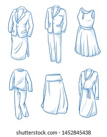 Set of garments and fashion as: suits, attire, dress, pyjama, skirt and dressing gown.  Hand drawn blue line art cartoon vector illustration. 