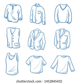 Juego de prendas y de tapas de moda como: camisas, chaqueta, chaleco y suéter. Dibujo de la línea azul dibujado a mano ilustración vectorial. 