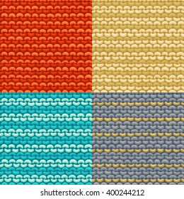 Set of Garter Stitch seamless patterns. Vector illustration. Stockinette stitch, reverse side. Vector high detailed stitches. Knitted jersey background. Wool hand-knitted pattern.