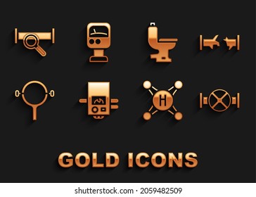 Set Gas boiler, Broken pipe, Industry and valve, Water tap, Filter wrench, Toilet bowl, metallic and Pressure water meter icon. Vector