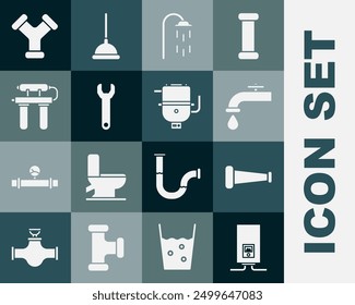 Set Gas boiler with a burning fire, Industry metallic pipe, Water tap, Shower, Wrench spanner, filter,  and Electric for heating water icon. Vector