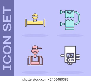 Set Gas boiler, Industry pipe and manometer, Plumber and Heated towel rail icon. Vector