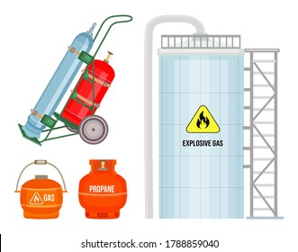 Set of gas cylinder vector tank. Propane bottle icon container. Oxygen gas cylinder canister fuel storage. Balloon with flammable sign. Oil fuel metal safety. Safe butane and propane, oxygen equipment